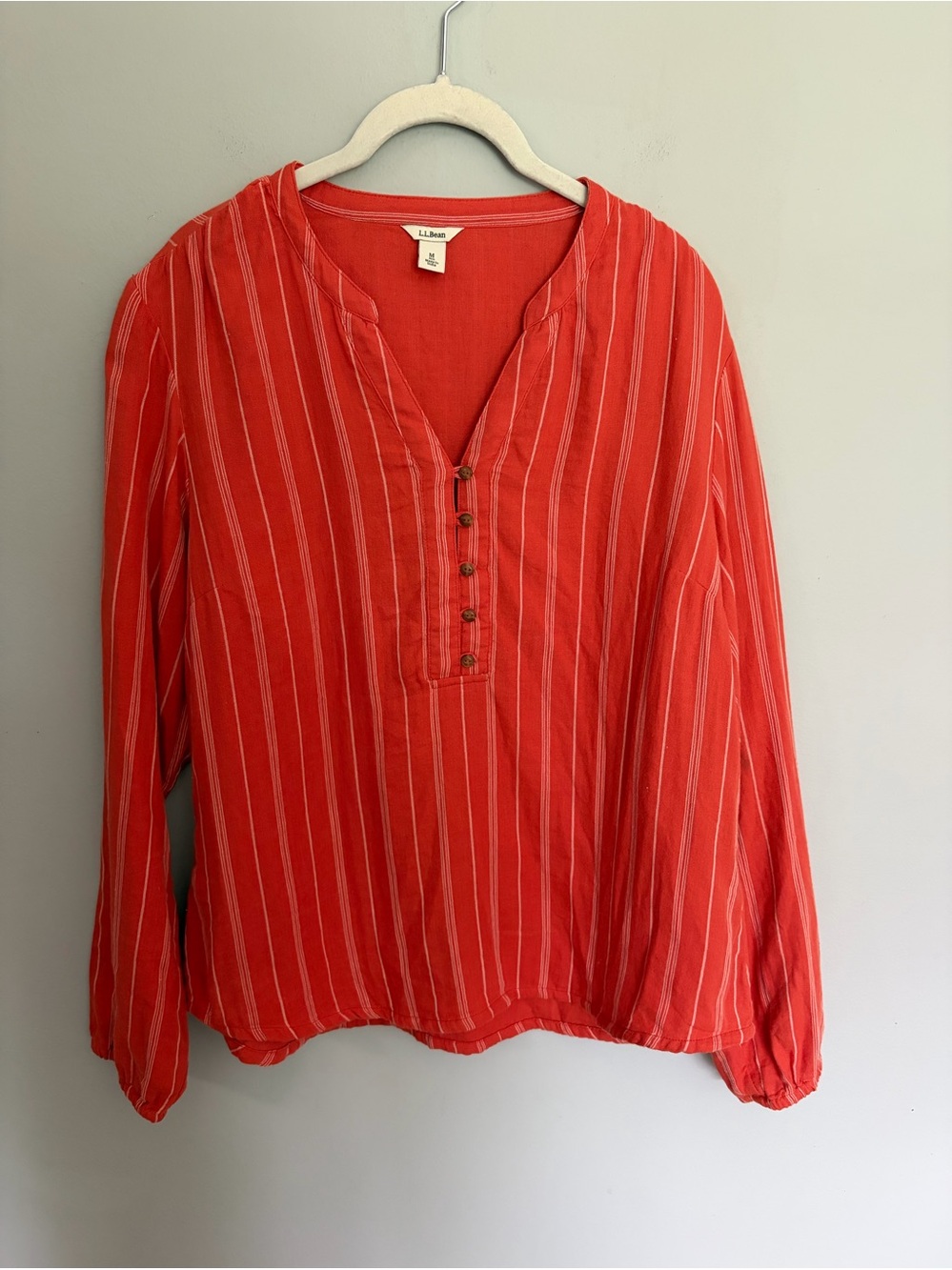L.L.Bean Top Women’s M Orange 100% Cotton Striped Henley Beachy Shirt Coastal